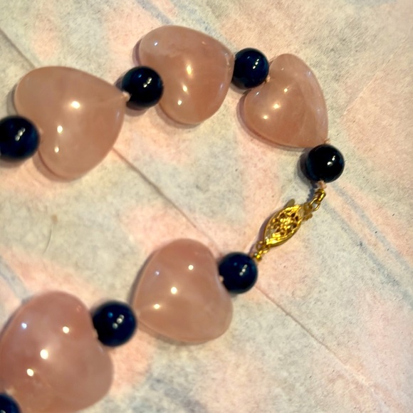 Rose quartz heart beads & lapis knotted necklace w/ 14K gold clasp - 24”’ - Picture 2 of 5
